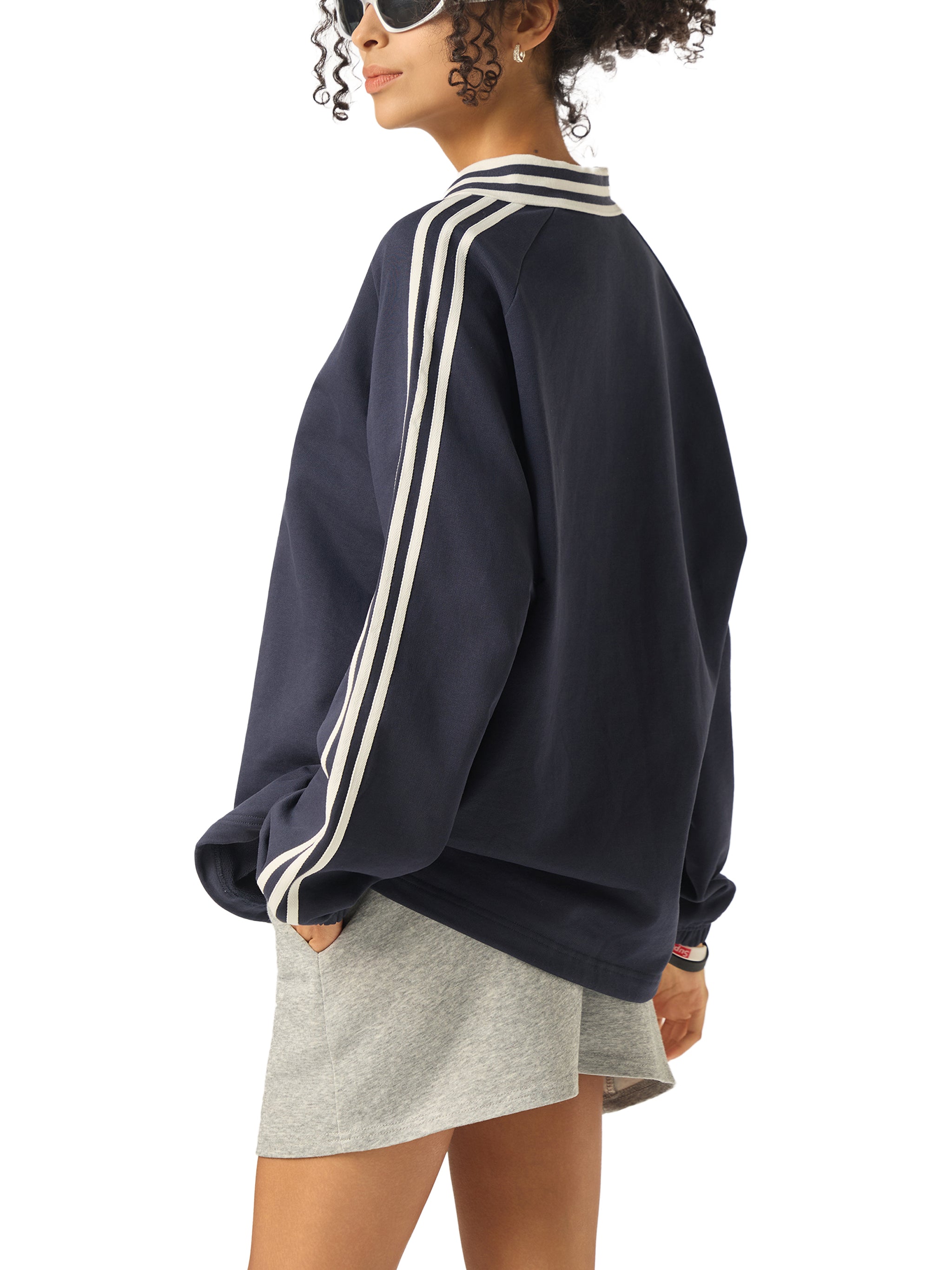 Contrast Striped Lapel Collar Sweatshirt